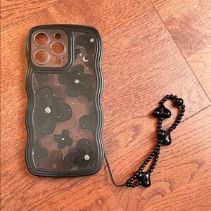 Black Floral Phone Case with Beaded Strap